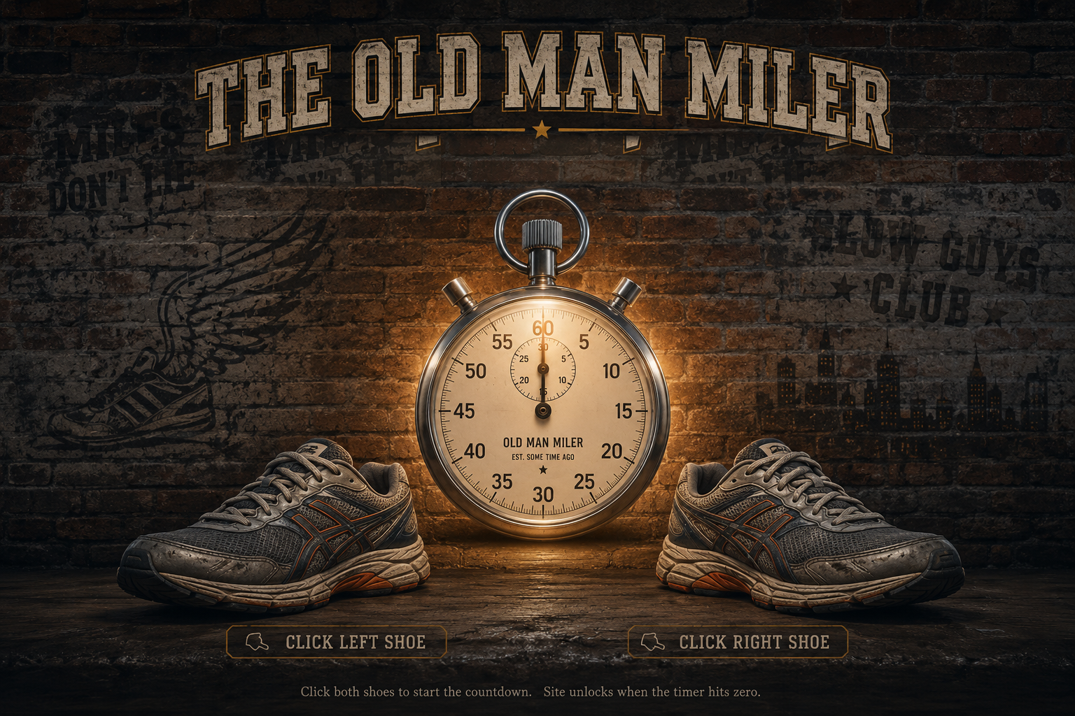 Worn running shoes flanking a brass stopwatch against a brick wall